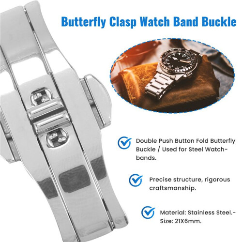 Double Push Button Butterfly Clasp Buckle Silver For 21mm Watch Band Strap 2