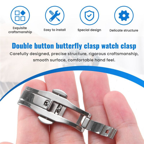 Double Push Button Butterfly Clasp Buckle Silver For 21mm Watch Band Strap 1