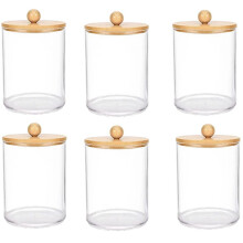 Paquete de 6 Cajas de Almacenamiento de Hisopos AlgodóN, Botellas Medicamentos con Tapas de Bambú, para Dispensador de Almohadillas Hisopos de
