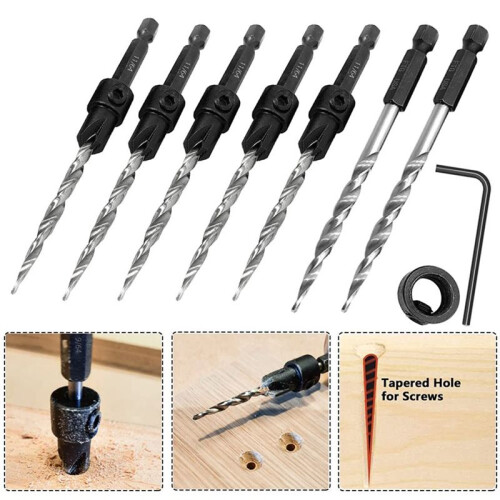 5Pcs Wood Countersink Drill Bit Set with 2Pcs Counter Sinker Replacement Tapered Drill Bit for Drilling  Hole 1