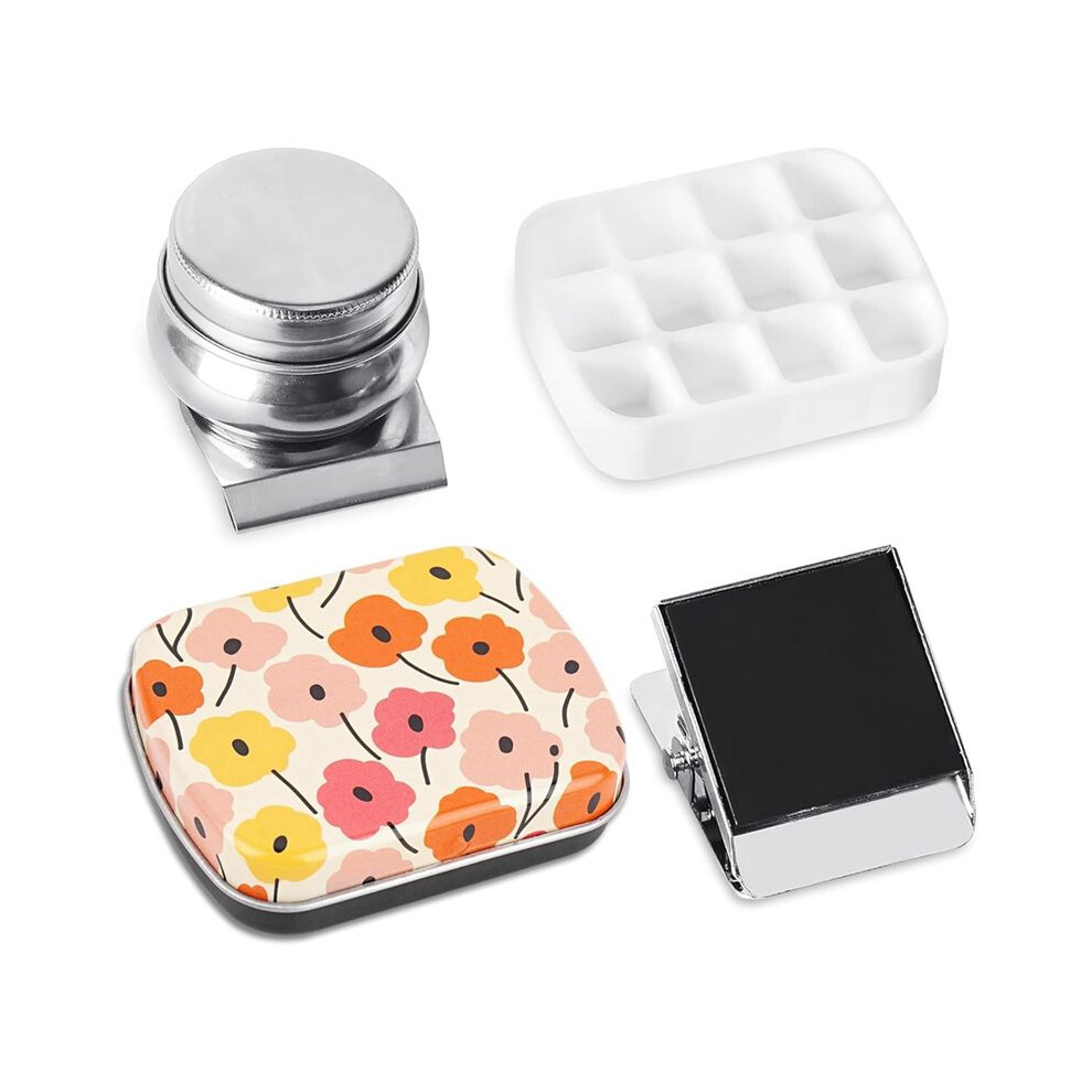 Portable  Tin Box,12-Well Empty Watercolor Palette,Small Paint Storage Kits with Magnetic Clip and Oil Pot, A