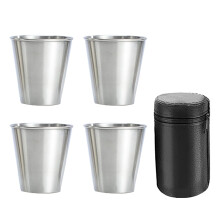 Shatkoppar i Rostfritt StåL, Set med 4 Koppar, Metallshotglas, Stapelbar, Liten HöFtflaska med LäDerväSka för Utomhusbruk