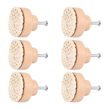 Boho Rattan Dresser Knobs Round Wooden Drawer Knobs Handmade Wicker Woven and Screws for Boho Furniture Knobs Beige 6Pc