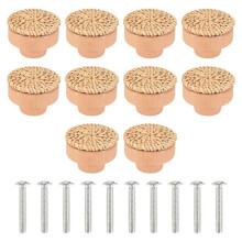 10 Pomos de Tocador de RatáN Bohemio, Tiradores Redondos de Madera para Cajones para DecoracióN de Muebles Boho (10 Pomos y 10 Tornillos)