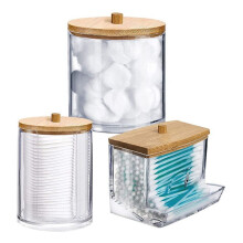 3Pcs Clear Plastic Swab Dispenser and Qtip Holder for Bathroom - Storage Canister for Bath Salts, Rounds, Acrylic+Wood