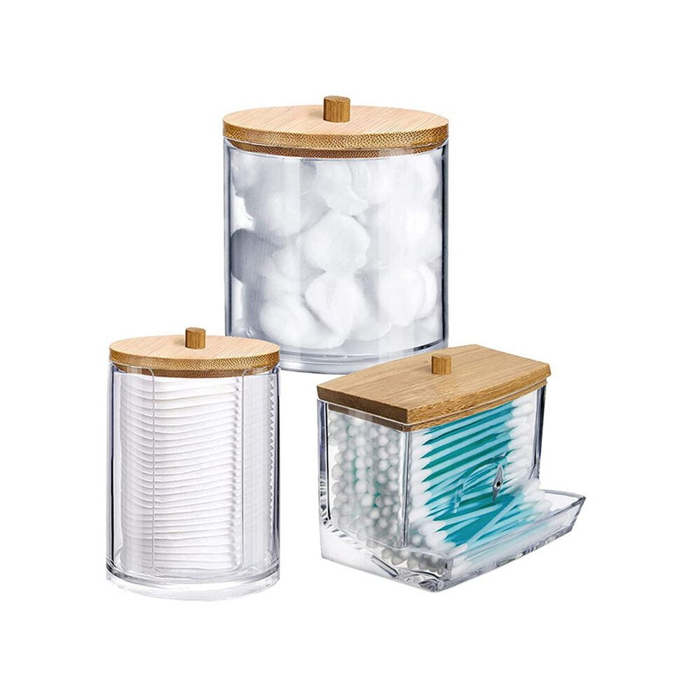 3Pcs Clear Plastic Swab Dispenser And Qtip Holder For Bathroom - Storage Canister For Bath Salts, Rounds, Acrylic+Wood Exogio