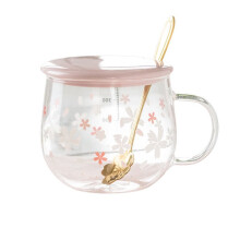 400 Ml Creatieve Sakura-Glas Koffiemok Leuke Transparante Hittebestendige Waterbeker met Handvat Deksellepel, A