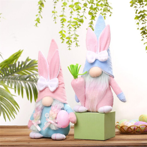 Easter Gnome Bunny - 2Pcs Handmade Swedish Tomte Plush Rabbits with Easter Egg and Carrot, Suitable As Easter Decoration 2