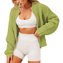 Damen Grüne Strickshortjacke 2XL Reißverschluss Rundhalsausschnitt Lässiger Schnitt