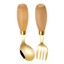 10Pz Utensili Bambini Acciaio E Legno Dorato Curvata