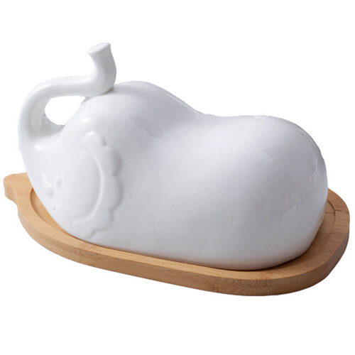 2Pcs Elephant Butter Dish With Ceramic Lid Wooden Plate Tableware