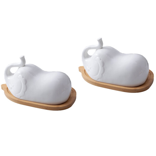 2Pcs Elephant Butter Dish With Ceramic Lid Wooden Plate Tableware 2