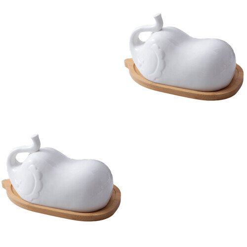 2Pcs Elephant Butter Dish With Ceramic Lid Wooden Plate Tableware 1