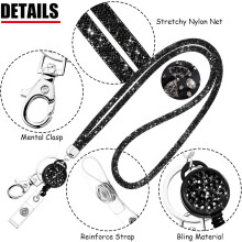 Porte-badge élégant en strass, cordon tour de cou en cristal et strass multicolores avec enrouleur rétractable, idéal pour un usage professionnel