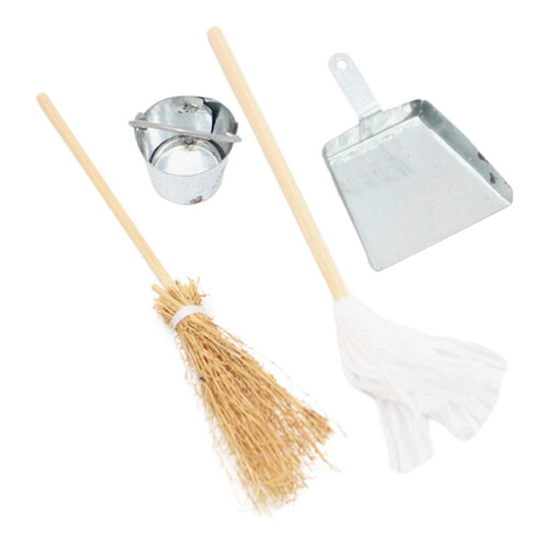 2Conjuntos Kit Mini De Vassoura Balde E Pano Para Decoração De Bonecas 2