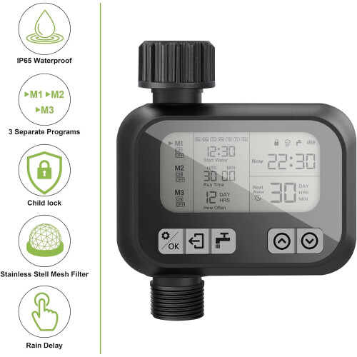 Irrigation Controller, Programmable Hose Sprinkler Timer with Stainless Steel Filter Washers, Rain Delay Function for Patio, Lawn, Flower Bed (Black) 2