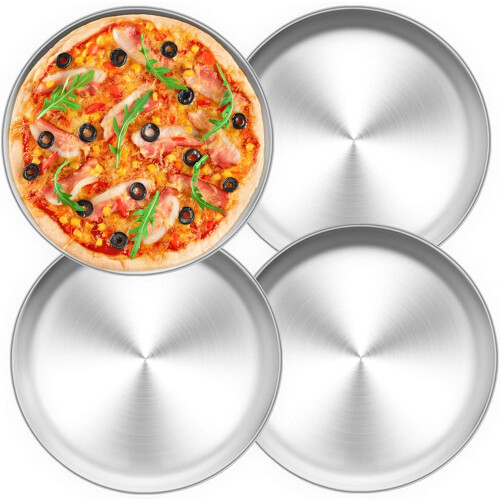 Conjunto de 4 assadeiras de pizza de aço inoxidável de 34 cm (13,5 polegadas), construção robusta, superfície antiaderente para facilitar a