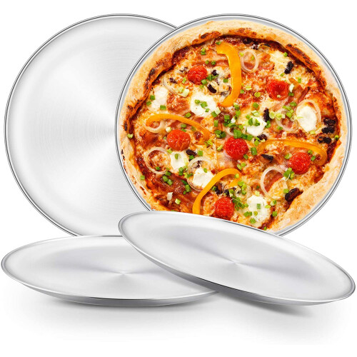 Conjunto de 4 assadeiras de pizza de aço inoxidável de 34 cm (13,5 polegadas), construção robusta, superfície antiaderente para facilitar a 1