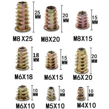 Inserto roscado de alta qualidade para madeira, fabricado em liga de zinco. Design auto-roscante que garante uma fixação segura. Superfície lisa,