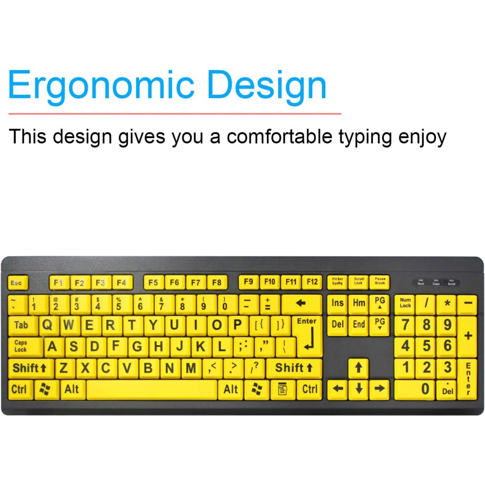 Large Print Keyboard For Visually Impaired, Ergonomic Design & Oversized Letters, Quiet Scissor Switch For Comfortable Typing Experience