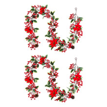2X Guirlande de Noël Aux Baies Rouges de 6,3 Pi, Guirlande de Poinsettia Artificielle, Guirlande de Baies de Noël avec Des Pommes de Pin