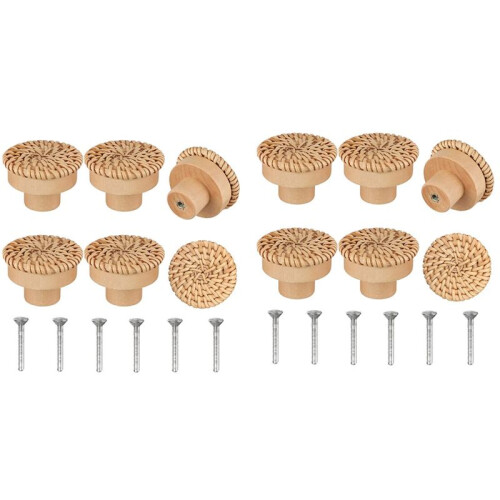 Boho Rattan Dresser Knobs Round Wooden Drawer Knobs Handmade Wicker Woven and Screws for Boho Furniture Knobs 12Pcs