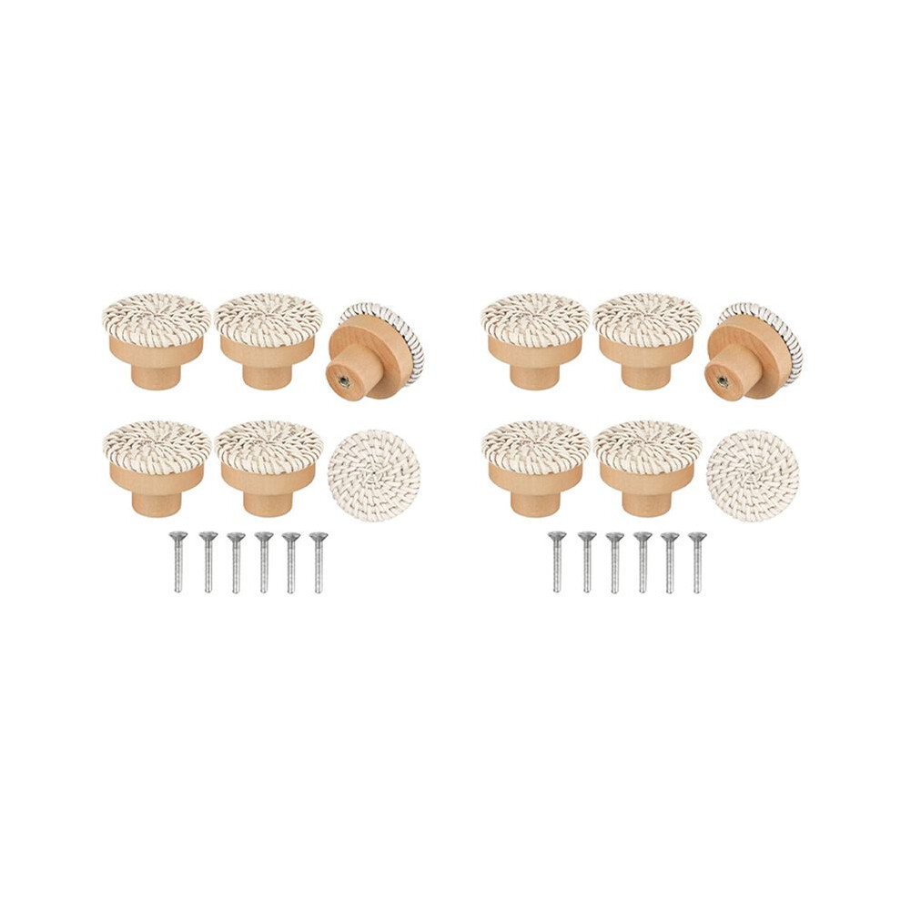 Exogio Boho Rattan Dresser Knobs Round Wooden Drawer Knobs Handmade Wicker Woven And Screws For Boho Furniture Knobs Beige 12Pc