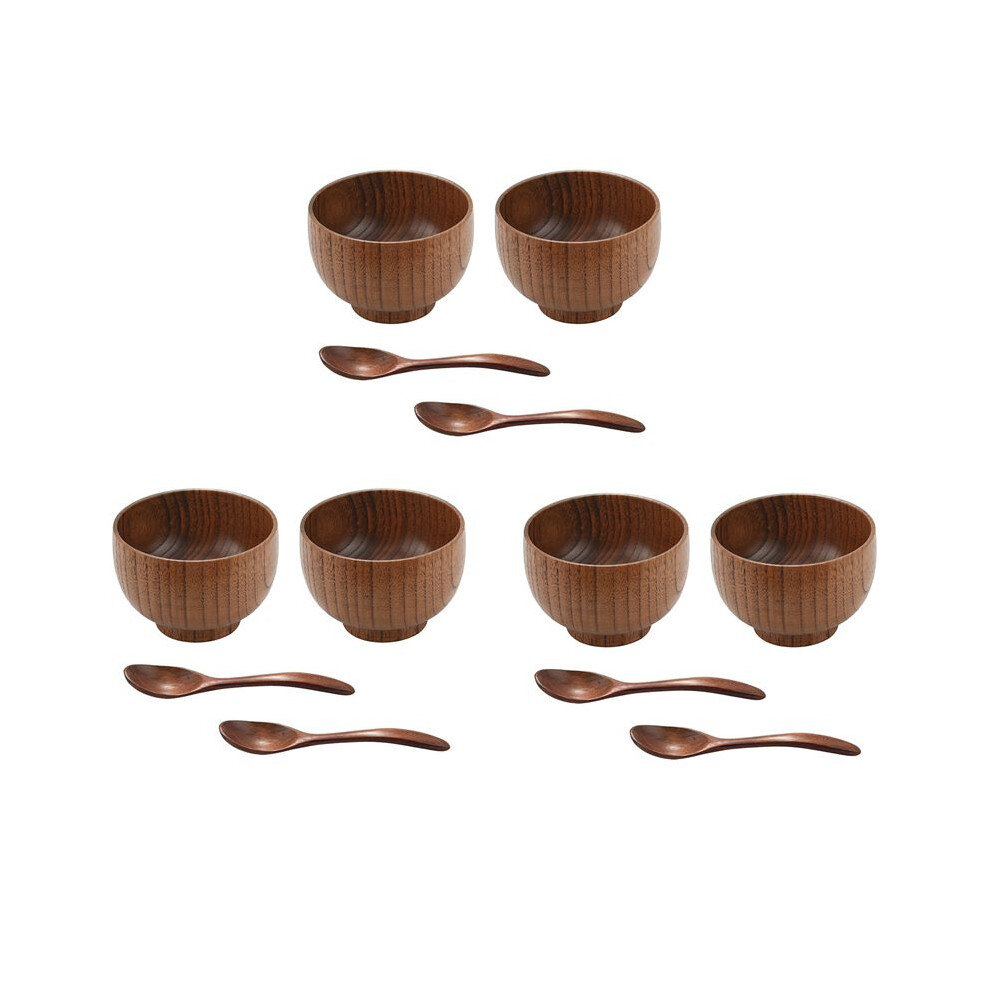 12 Pieces Wooden Handmade Bowl And Spoon For For Rice Miso Serving Home Kitchen Tableware Exogio