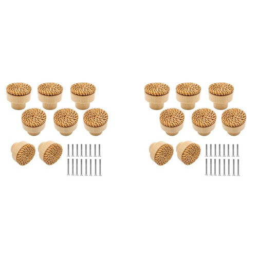 16 Pack Boho Rattan Knobs for Dresser Drawers Wood Cabinet Knobs for Wicker Decor Boho Rattan Drawer Pulls (Natural)