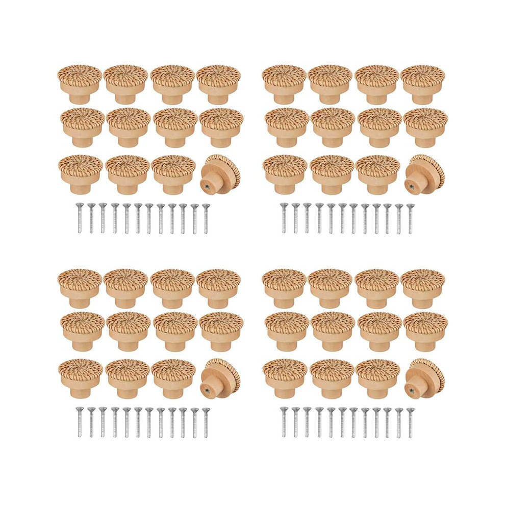 Exogio Boho Rattan Dresser Knobs Round Wooden Drawer Knobs Handmade Wicker Woven And Screws For Boho Furniture Knobs 48Pcs