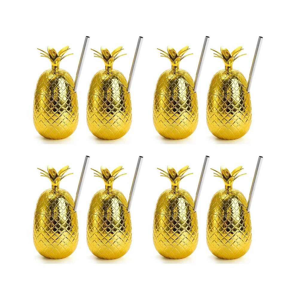 8 Pack Pineapples Drink Cups, 450Ml Pineapples Tumbler With Stretched Straw, Hawaiian Luau Party Cups Gold Typecat