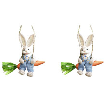 2X Easter Straw Bunny Figurine, Straw Rabbit Carrot Swing, Bunny Statue Hanging Ornament B