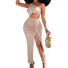 Sleeveless One Shoulder Slit Dress Apricot L