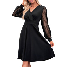 Women V Neck Smocked Short Dress Black L
