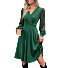 Women V Neck Smocked Short Dress Green XL