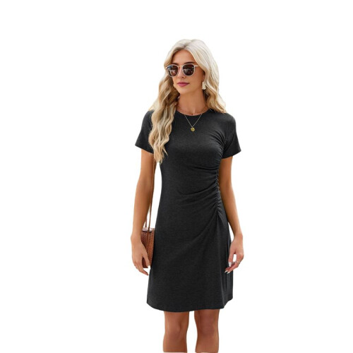 Round Neck Short Sleeve Dress Black M