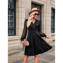 Women V Neck Smocked Short Dress Black M