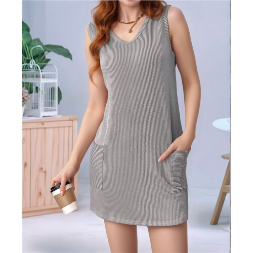 V Neck Sleeveless Sundresses Light Grey S 1