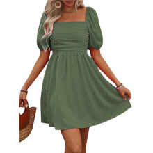 Robe Bohème à Manches Courtes Bouffantes pour Femme, Col Carré, Coupe Trapèze, Vert, Taille L