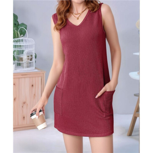 V Neck Sleeveless Sundresses Wine Red S 1