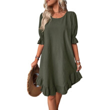 Robe de Plage Courte à Manches Bouffantes et Ourlet à Volants, Col Rond, Ample et Froncée, Vert Militaire, Taille M