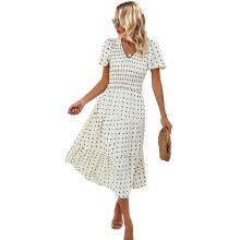 Women'S Casual Short Sleeve V Neck Maxi Hem Bohemian Resort Dress Beige S