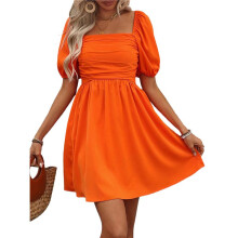 Damklänning med Puffärm, Kort Ärm, Boho, Fyrkantig Halsringning, Sommarklänningar med A-Linje, Orange Röd, M
