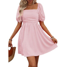 Damklänning med Puffärm, Kort Ärm, Boho, Fyrkantig Halsringning, Sommarklänningar med A-Linje, Rosa M