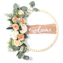 Welcome Sign for Front Door, Wood Beads and Eucalyptus Wreath, Indoor Outdoor All Seasons Floral Wreath