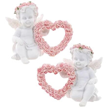 Resin Ornaments Angel Resin Statue with Love Heart Shaped Wreath Figurine Sculpture for Valentines Day 2Pcs