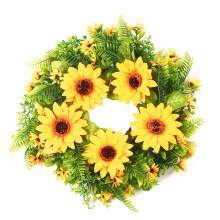 Konstgjord Solros Sommarkrans - Dekorativ Falsk Blomsterkrans med Gul Solros och Grönt Blad Till Ytterdörren