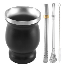 Double-Wall Stainless Yerba Mate Gourd Tea Cup Set Coffee Water Cup with 2 Bombillas Straws Spoon&Clean Brush 8Oz Black