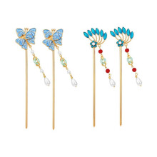 Schmetterlings-Pteris, Chinesische Haarstäbe mit Quaste, Vintage-Haarstäbchen, Goldene Perlen-Haarnadeln, Klassische Hanfu-Haargabel, 4 Stück