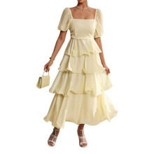 Vestido Longo Boho Feminino de Verão, Manga Curta Bufante, Esvoaçante, Corte A, em Camadas, para Férias Na Praia, Amarelo Claro L